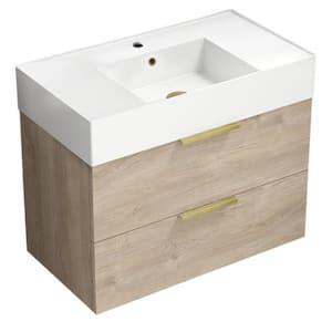 Derin 31.89 in. W x 17.32 in. D x 25.2 H Single Sink Wall Mounted Bathroom Vanity in Brown oak with White Ceramic Top
