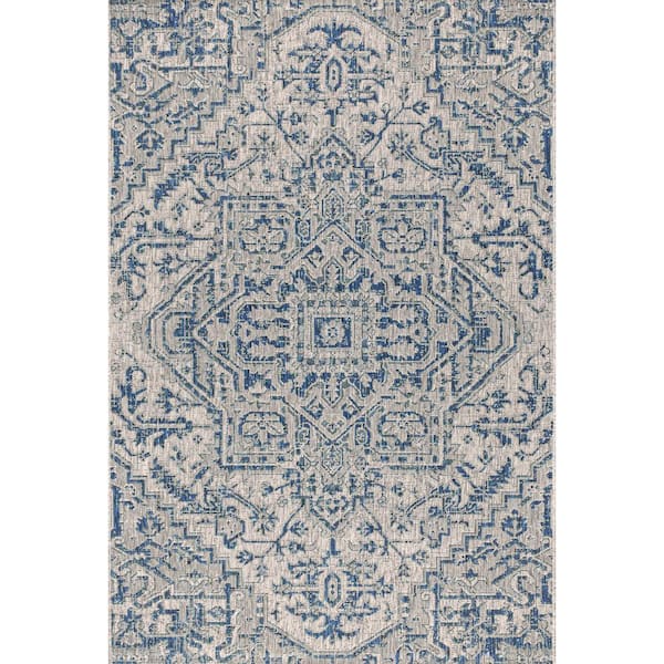 Estrella Navy/Gray 9 ft. x 12 ft. Bohemian Medallion Textured Weave Indoor/Outdoor Area Rug