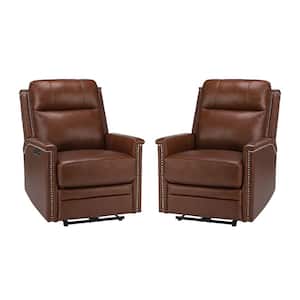Valentino Transitional Brown Electric Genuine Leather Recliner with USB Port and Resume Button (Set of 2)