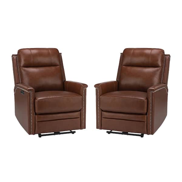 JAYDEN CREATION Valentino Transitional Brown Electric Genuine Leather Recliner with USB Port and Resume Button (Set of 2)