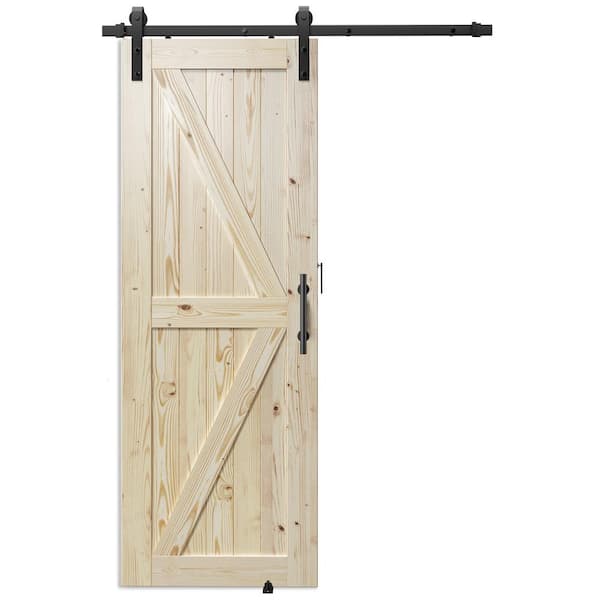 SOCBAZZAR 30 in. x 84 in. K Model Unfinished Natural Solid Wood Interior Sliding Barn Door with Hardware Kit