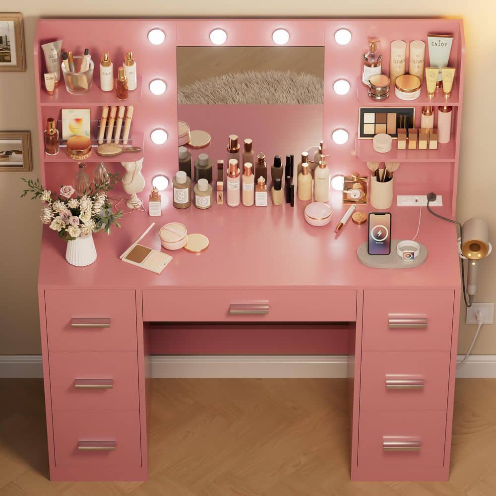 Makeup Vanity With Lights in 3-Colors, Vanity Desk with Large Mirror, Drawers and Shelves, White - thumbnail 7