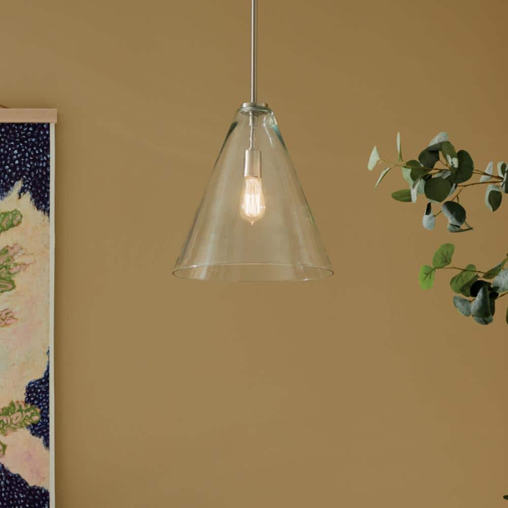 Everly 14.25 in. 1-Light Brushed Nickel Modern Shaded Cone Kitchen Hanging Pendant Light with Clear Glass price history on PriceWatchPro