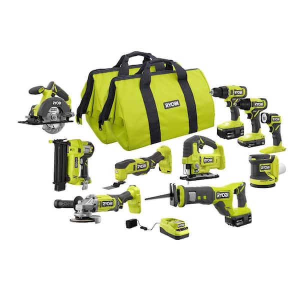 RYOBI ONE+ 18V Cordless 10-Tool Combo Kit with (1) 1.5 Ah Battery and (2) 4.0 Ah Batteries and Charger