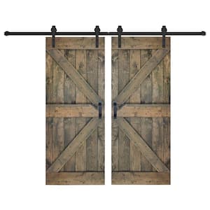 K Series 76 in. x 84 in. Aged Barrel Finished DIY Solid Wood Double Sliding Barn Door with Hardware Kit