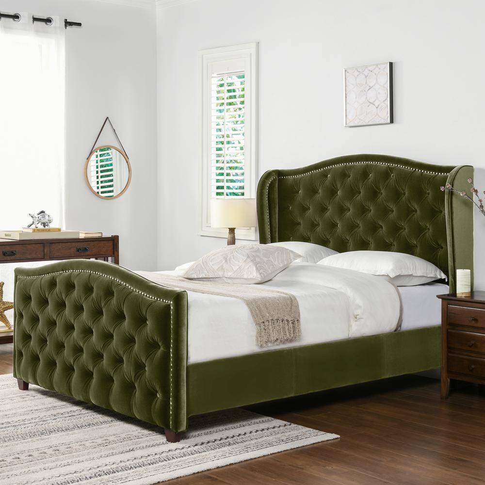 Elegant Olive Green Velvet Queen Bed with Nailhead Trim