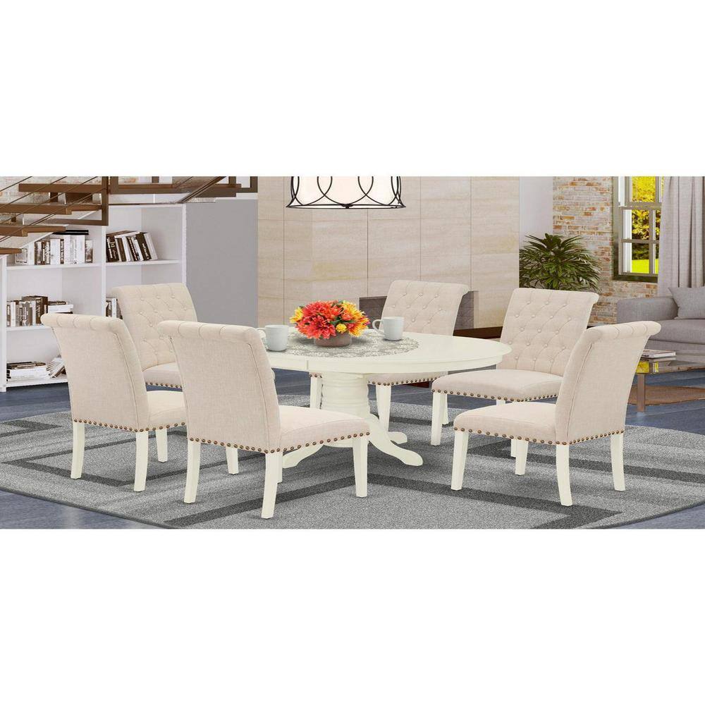 7-Piece Oval Linen White Finish Solid Wood Top Dining Table with 6 Parson-Chairs with Butterfly Leaf Lattice Back