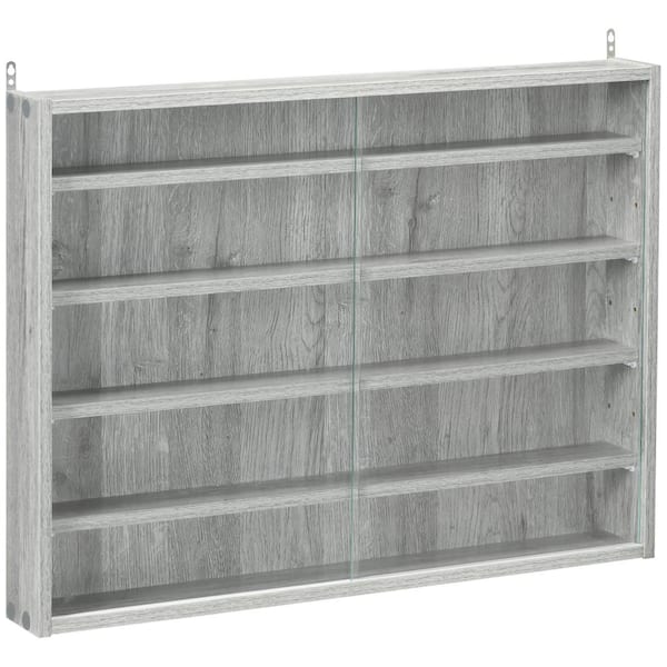 GOGEXX 5-Tier Wall-Mounted Display Cabinet Decorative Box, Glass Display Case with 2-Doors and Adjustable Shelves, in Grey