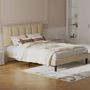 Upholstered Bedframe, Beige Metal Frame Full Platform Bed with Adjustable Headboard, Wood Slat, No Box Spring Needed