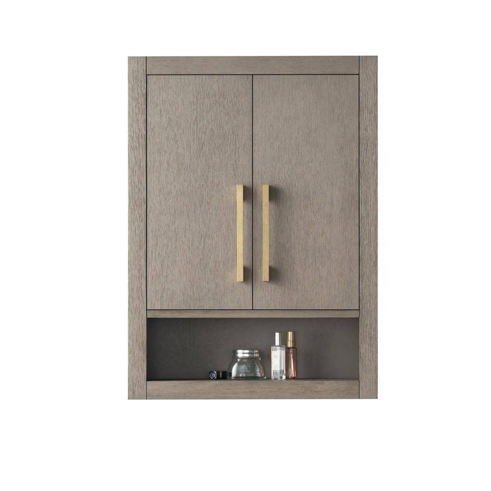 Driftwood Gray Wall Mounted Bathroom Storage Cabinet with Golden Handles