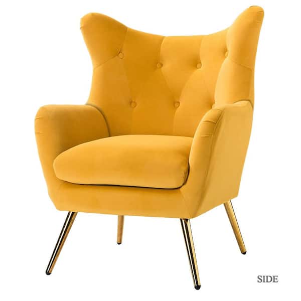 JAYDEN CREATION Jacob Mustard Velvet Wingback Chair with Tufted Cushions (Set of 1)