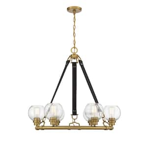 Bozeman 29 in. W x 27 in. H 6-Light Warm Brass Chandelier with Clear Seeded Glass Shades and Chocolate Leather Straps