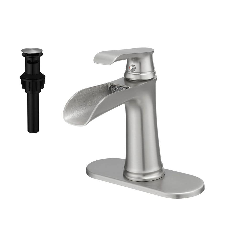 Single Handle Single Hole Waterfall Bathroom Sink Faucet with Deckplate and Pop-up Drain in Brushed Nickel price history on PriceWatchPro