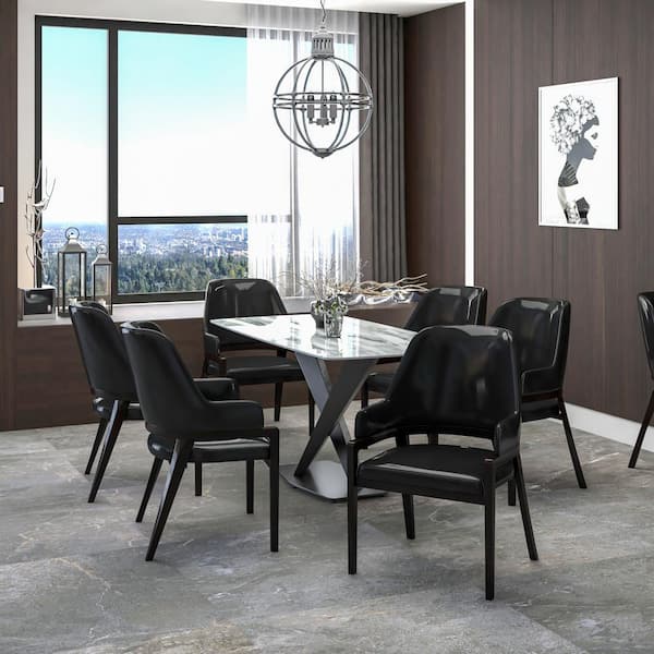Leisuremod Dining Chair Upholstered in Leather with Curved Open Back and Rubberwood Legs Ethora Collection in Black