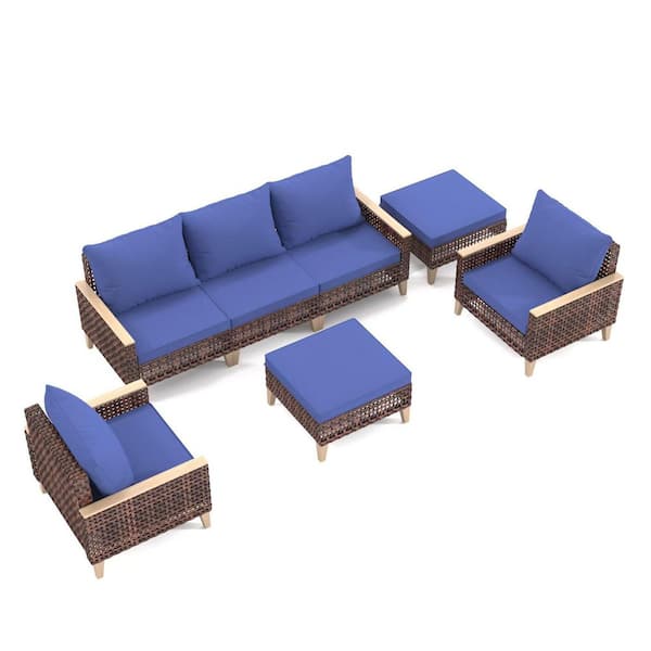 Oyezvary 7-Piece Modern Wicker Patio Conversation Set, High Leg Design and Wooden Armrests with Blue Removable Washable Cushions