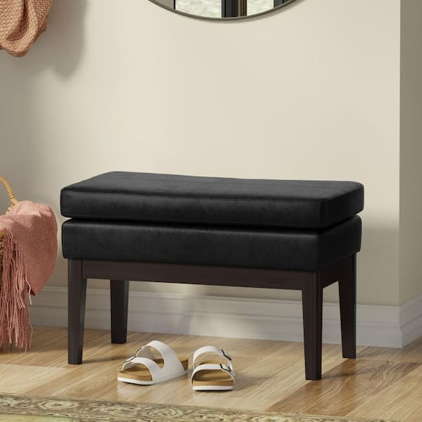 Simpli Home Carlson 26 in. Wide Mid Century Rectangle Small Ottoman Bench in Distressed Black Vegan Faux Leather, Assembled