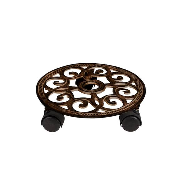 Evergreen Woven Scroll 11.5 in. Distressed Verdigris Metal Rolling Plant Trolley
