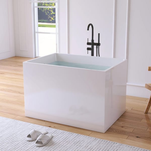 Ivan 39 in. x 28 in. Small Acrylic Flatbottom Freestanding Japanese Soaking Bathtub in White with Seat
