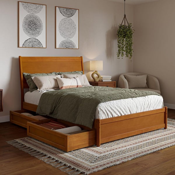 AFI Casanova Light Toffee Natural Bronze Solid Wood Frame Full Platform Bed with Panel Footboard and Storage Drawers