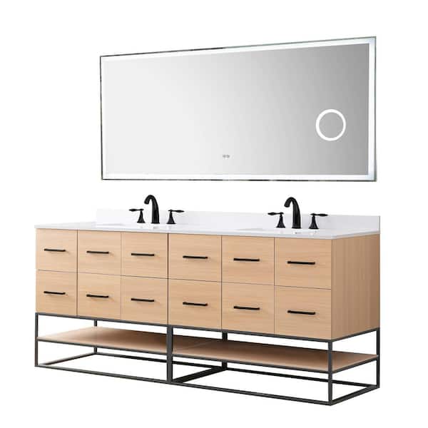 Direct vanity sink OakVista 72 in. W x 23 in. D x 33 in. H Single Bath Vanity in Oak with White Carrara Marble Top and LED Mirror