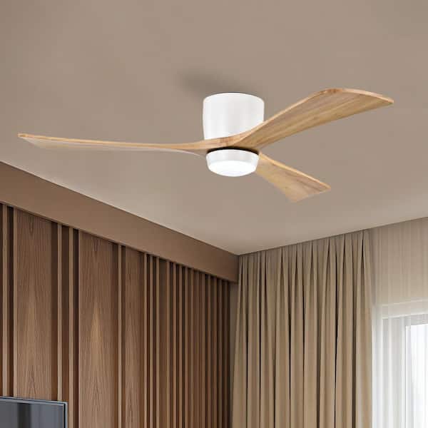 52 in. Integrated LED Indoor Flush Mount White/Oak Standard Ceiling Fan with Light and Remote 6-Speed