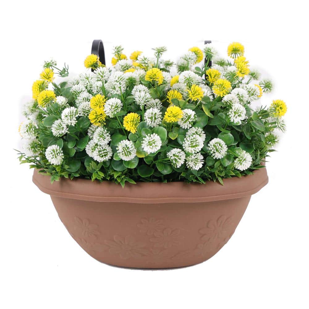 12 in. Yellow and White Indoor/Outdoor Artificial Chrysanthemum 8 in. Hanging Brown Plastic Basket 2-Pieces price history on PriceWatchPro