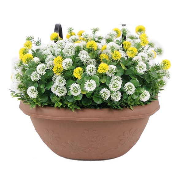 Green Smart Dekor 12 in. Yellow and White Indoor/Outdoor Artificial Chrysanthemum 8 in. Hanging Brown Plastic Basket 2-Pieces
