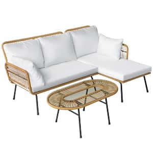 Boho 3-Piece L Shape Handwaven Wicker Patio Conversation Set with Round Table and Off White Cushion