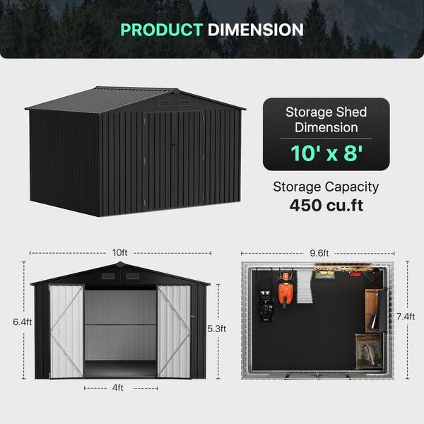 Sizzim 10 ft. W x 10 ft. D Black Metal Storage Shed with