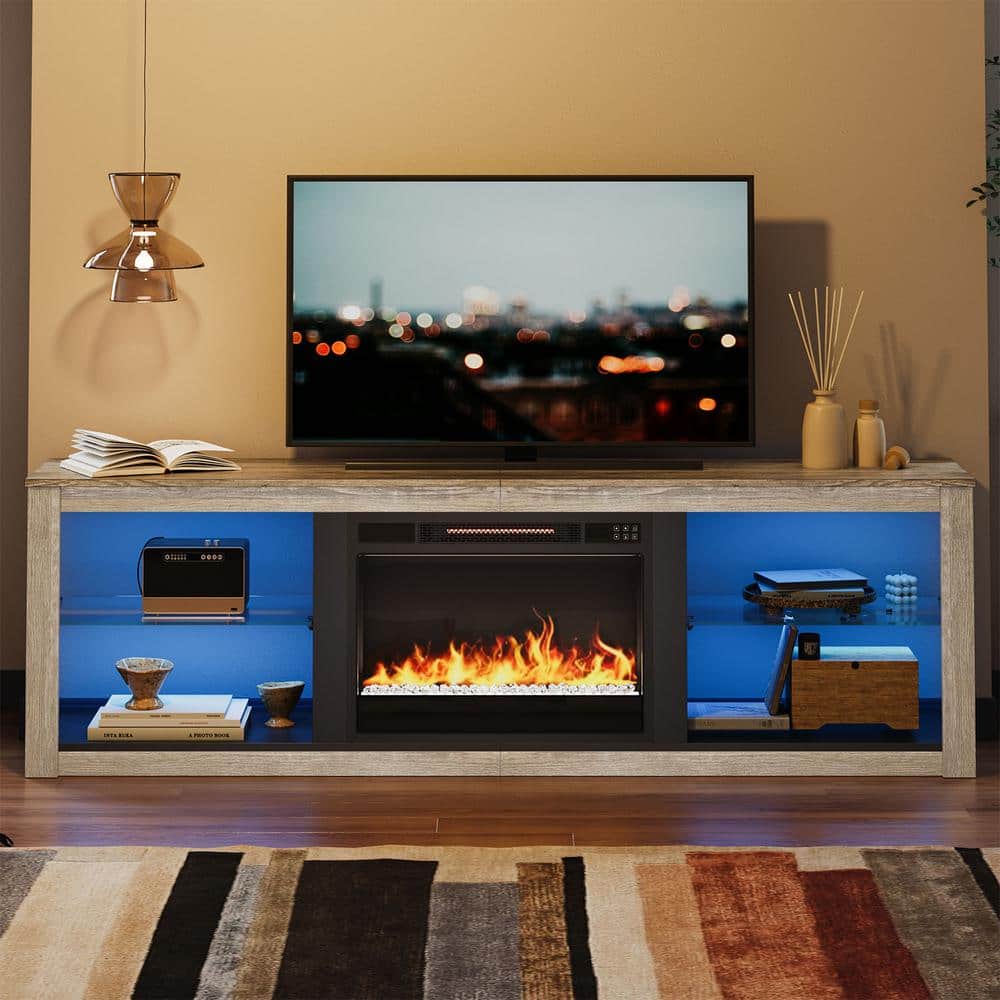 Light Grey Modern TV Stand with Electric Fireplace and LED Lights