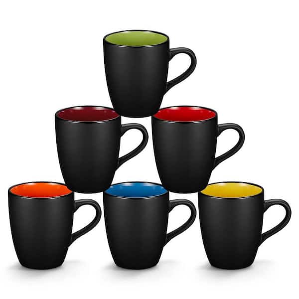 12 oz. Black Porcelain Coffee Mug, Restaurant Cups for Coffee, Cappuccino, Black outside and Colorful inside (Set of 6)