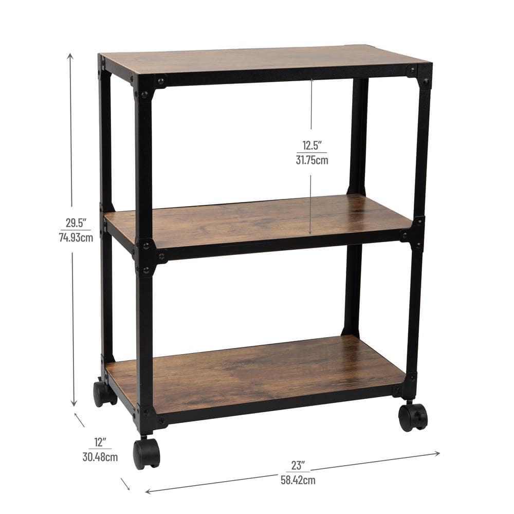 Elegant Black Metal 3-Tier Rolling Storage Cart with Wood Shelves