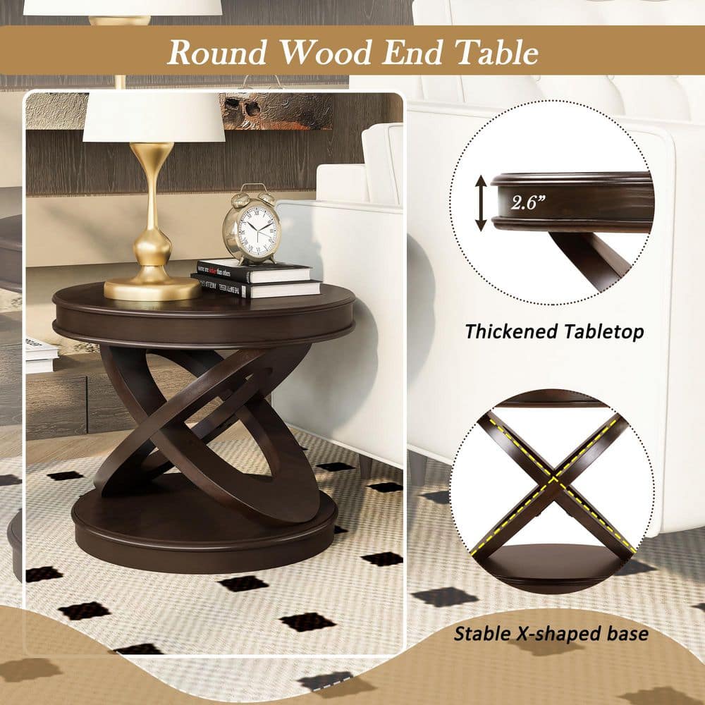 Liam 22 in. Walnut Round MDF and Solid Wood Veneer End Table, Side Table with X-Shaped Base - thumbnail 8