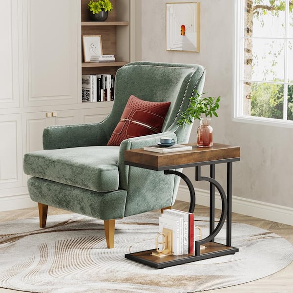 Kerlin 23.6 in. 2 PCS Brown & Black C Shaped Wood Narrow Side Table Modern End Side Table with 2-Shelf