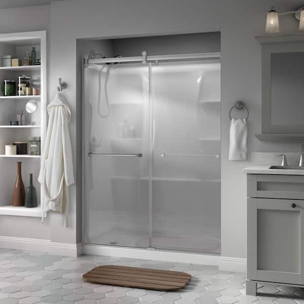 Delta Everly Contemporary 50-1/8 to 58-1/2 in. W in. x 71 in. H Frameless Sliding Shower Door in Nickel with Frosted Glass