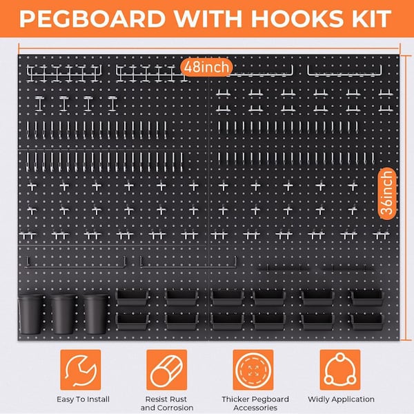 Vrbgify 48 in. Metal Black Pegboard Wall Rack Kit Garage Organizer