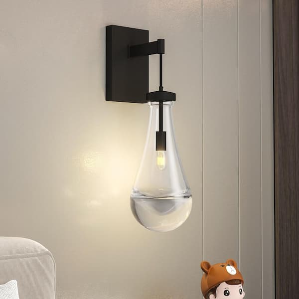 4.5 in. 1-Light Black Modern Industrial Smart Home Enabled Wall Sconce Light Fixture Indoor with Clear Crystal Shade