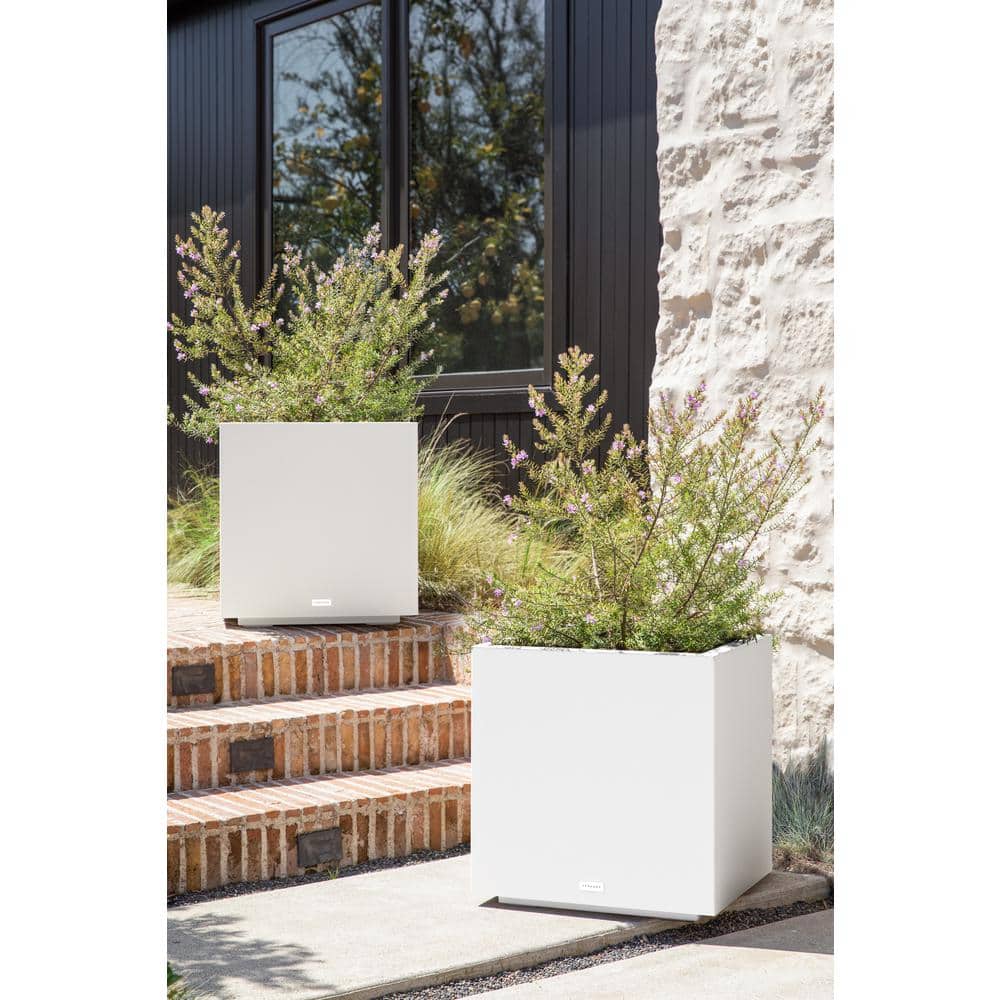 Modern Cube 22" White Polypropylene Planter with Drainage Holes