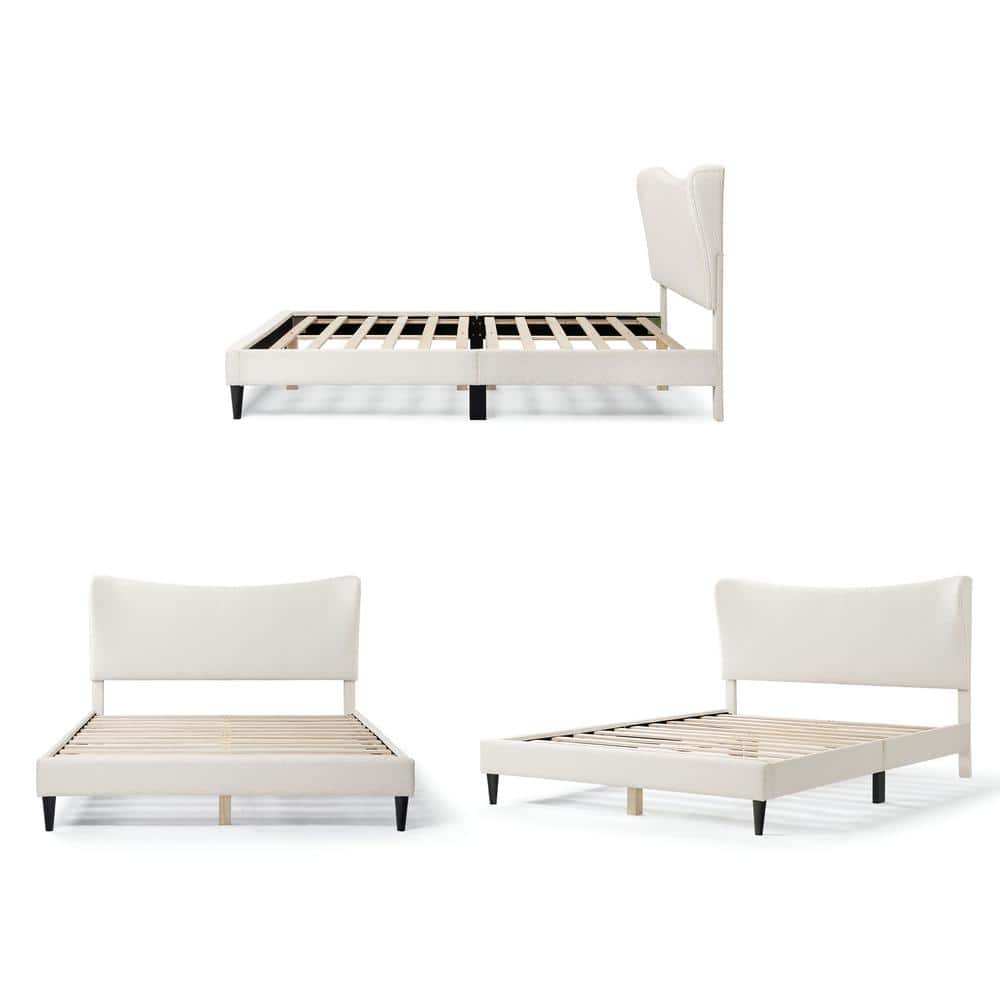 Cream Upholstered Queen Bed with Nailhead Trim and Slats