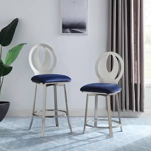 Ambrilla 46 in. Satin Plated and Navy High Back Metal Extra Tall Foot Rest Cushioned Bar Stools (Set of 2)
