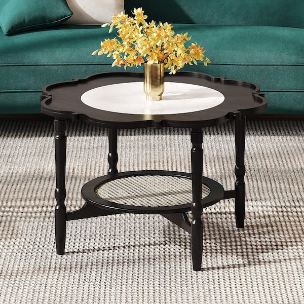 Modern 31.5 in. Black Specialty Petal Shape Wood and Glass Coffee Table with Rattan Shelf