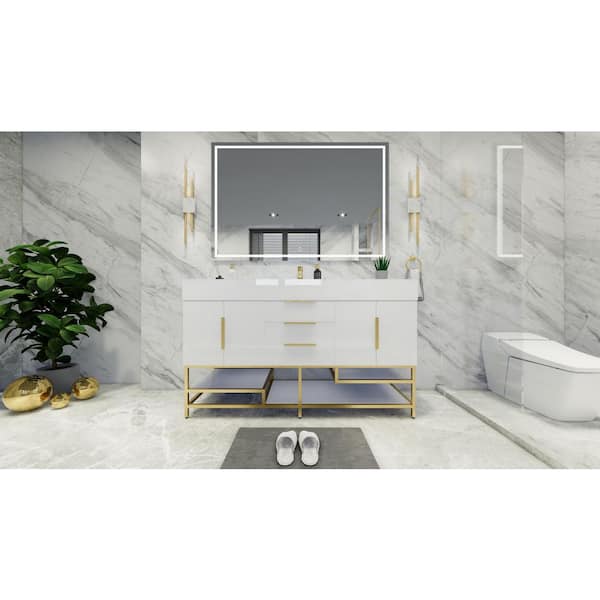 BV Better Vanity Bethany 59 in. W. x 20 in. D x 36 in. H Single Sink Freestanding Bath Vanity in High Gloss White with White Acrylic Top