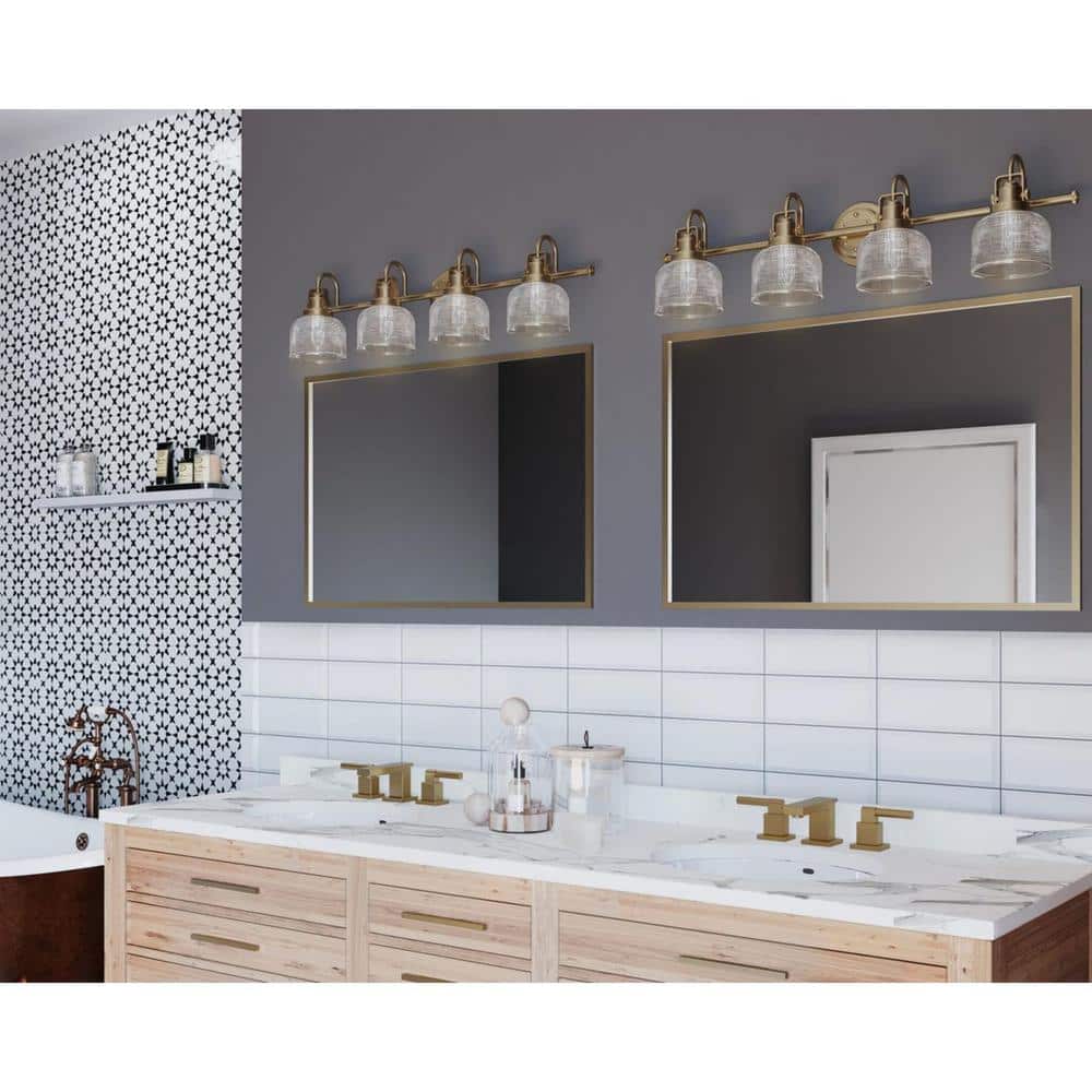 Vintage Brass Four-Light Bathroom Vanity Fixture with Prismatic Glass Shades