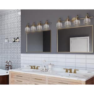 Archie Collection 35-1/2 in. 4-Light Gold Vintage Brass Clear Double Prismatic Glass Coastal Bathroom Vanity Light