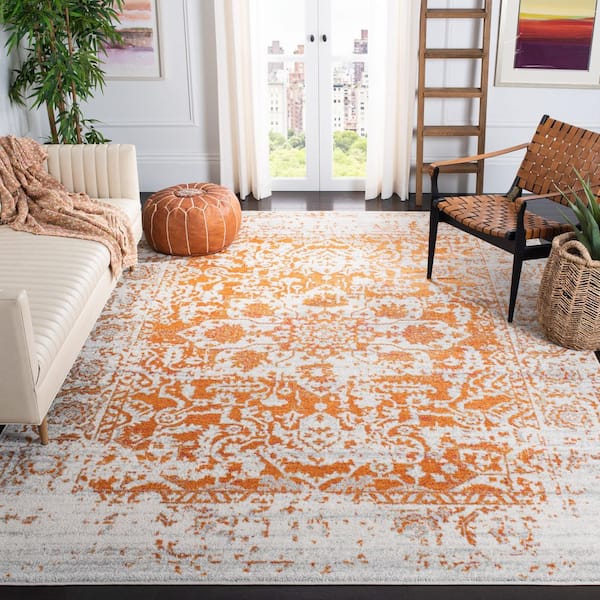 Madison Orange/Ivory 8 ft. x 8 ft. Geometric Border Floral Medallion Square Area Rug