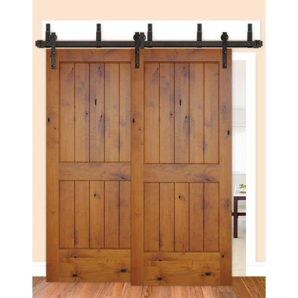 72 in. x 80 in. Bypass Rustic 2-PNL V-Groove Solid Core Knotty Alder Sliding Barn Door with Bronze Hardware Kit 72 in. x 80 in. Bypass Rustic 2-PNL V-Groove Solid Core Knotty Alder Sliding Barn Door with Bronze Hardware Kit