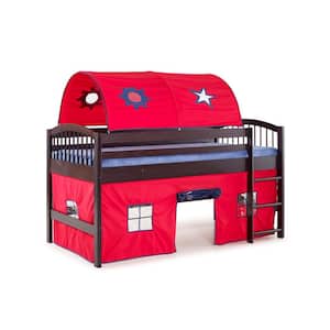Addison Junior Loft Bed Espresso Finish with Red Tent and Playhouse with Blue Trim
