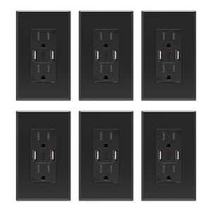 4 Amp USB Dual Type A In-Wall Charger with 15 Amp Duplex Tamper Resistant Outlet, Wall Plate Included, Black (6-Pack)