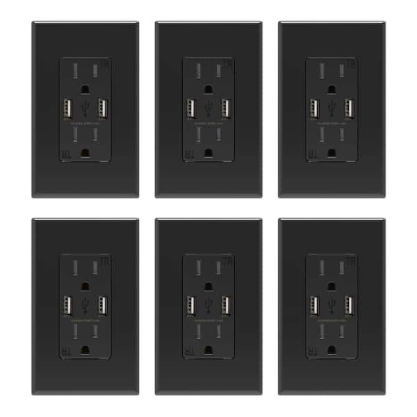 ELEGRP 4 Amp USB Dual Type A In-Wall Charger with 15 Amp Duplex Tamper Resistant Outlet, Wall Plate Included, Black (6-Pack)