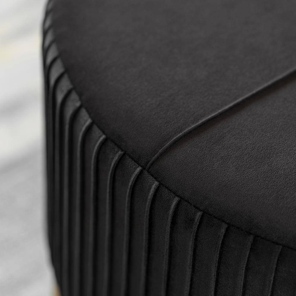 Large Round Black Velvet Ottoman with Gold Hairpin Legs